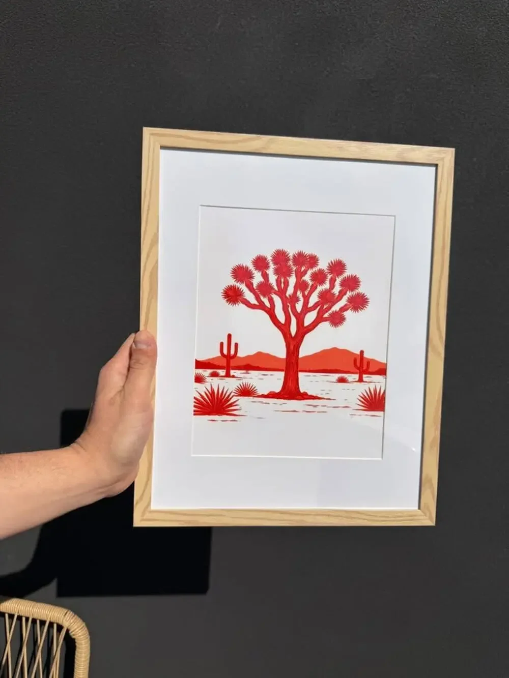 Framed Red Joshua Tree Desert Art Print — Natural Wood Frame